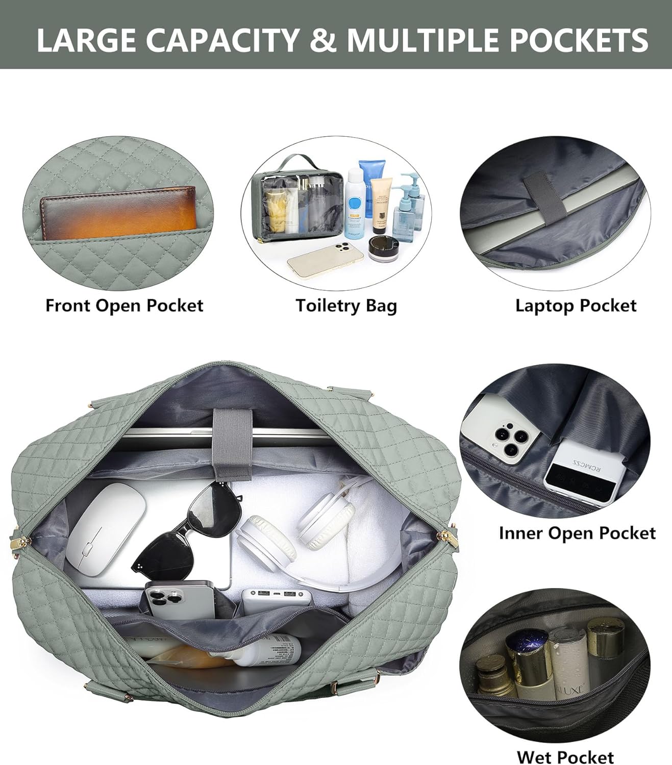 Weekender Bags for Women Duffle Bag - Travel Duffel Bag with Shoe Compartmen Carry on Overnight Bag with Toiletry Bag Gym Tote Bag with Wet Pocket Hospital Bags for Labor and Delivery Green