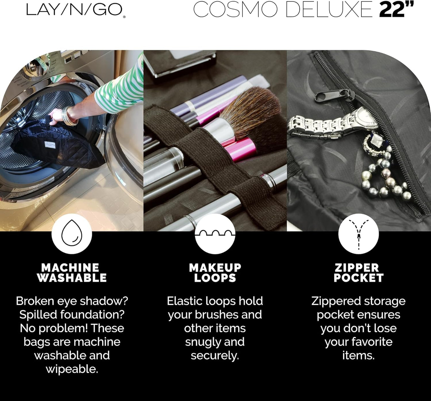 Lay-n-Go Cosmo Layflat Drawstring Cosmetic & Makeup Bag Organizer w/Zipper Pocket, Brush Loops & More, Cinch to Close, Lay Flat to Use, Durable, Machine Wash, Travel Toiletry Bag (22", Purple)