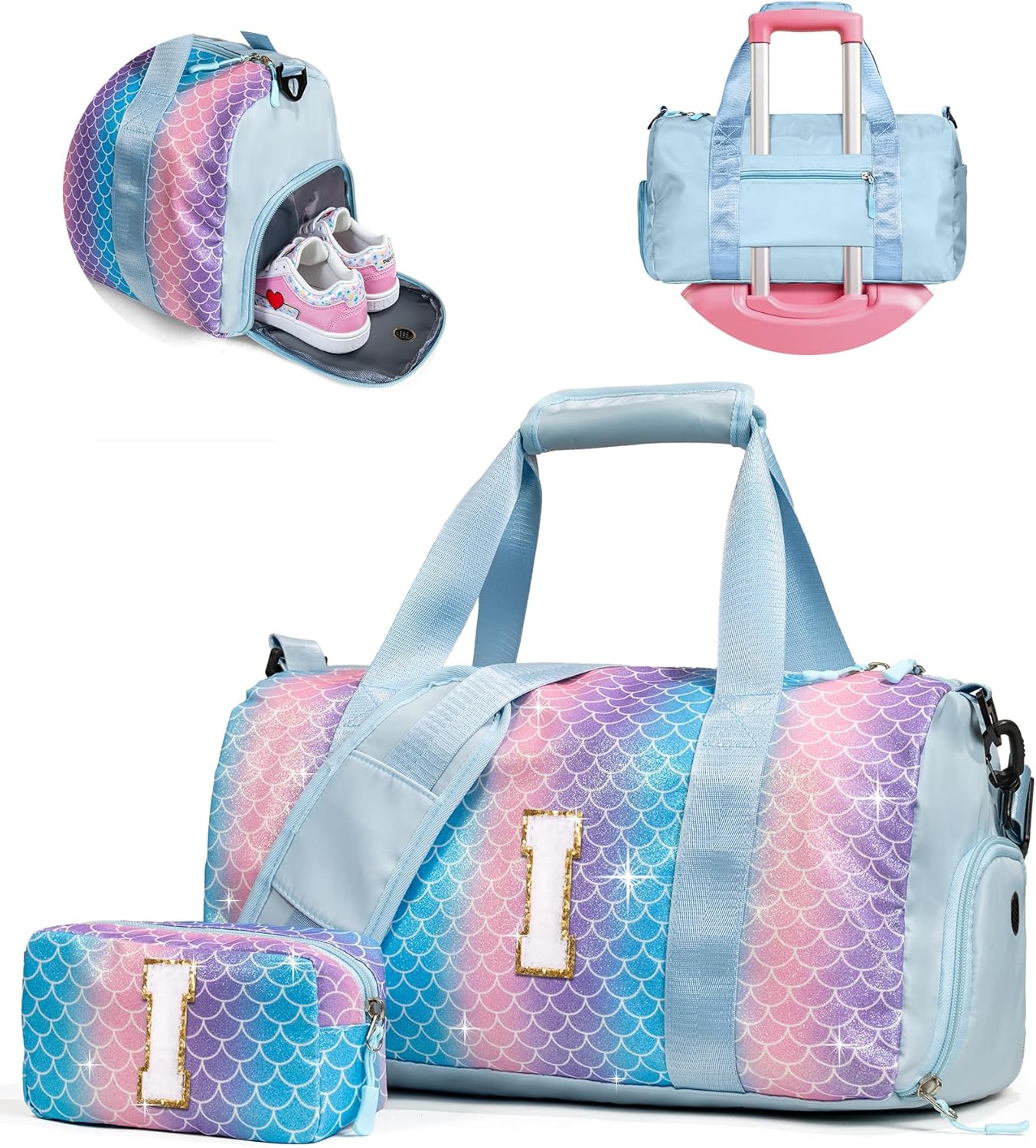 Sister Graduation Gift-Girl Gym Bag with Shoe Compartment, Kid Personalized Weekender Overnight Bags, Initial Travel Tote with Makeup Pouch Valentine's Day Gifts for Kids (Letter I)