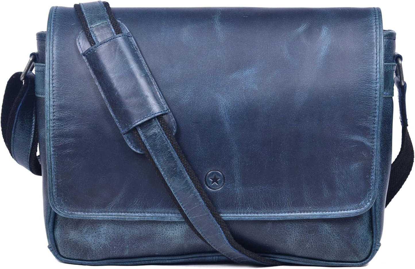 16" Crossbody Bag Leather Laptop Messenger Bag For Men with trolley sleeve for school office (Ice Blue)