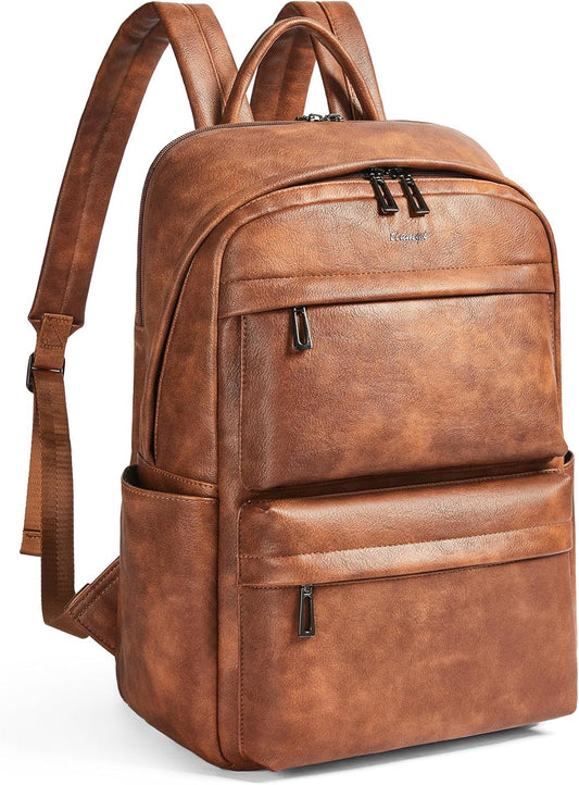 Leather Laptop Backpack for Women, Fits 15.6 Inch Laptop, Leather Backpack with 2 Water Bottle Pockets, Hidden Zipper and Luggage Strap, Ideal for Work, Travel, College, Everyday Use, Brown