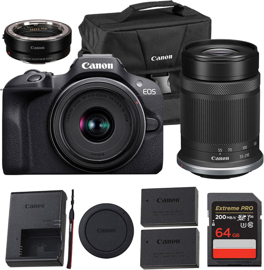 Canon EOS R100 Mirrorless Camera Kit – APS-C RF Camera with 18-45mm & 55-210mm Lenses, 24MP Sensor, 4K Video & Dual Pixel AF (6052C022) + Canon Adapter EF-EOS R + LP-E17 Battery + More