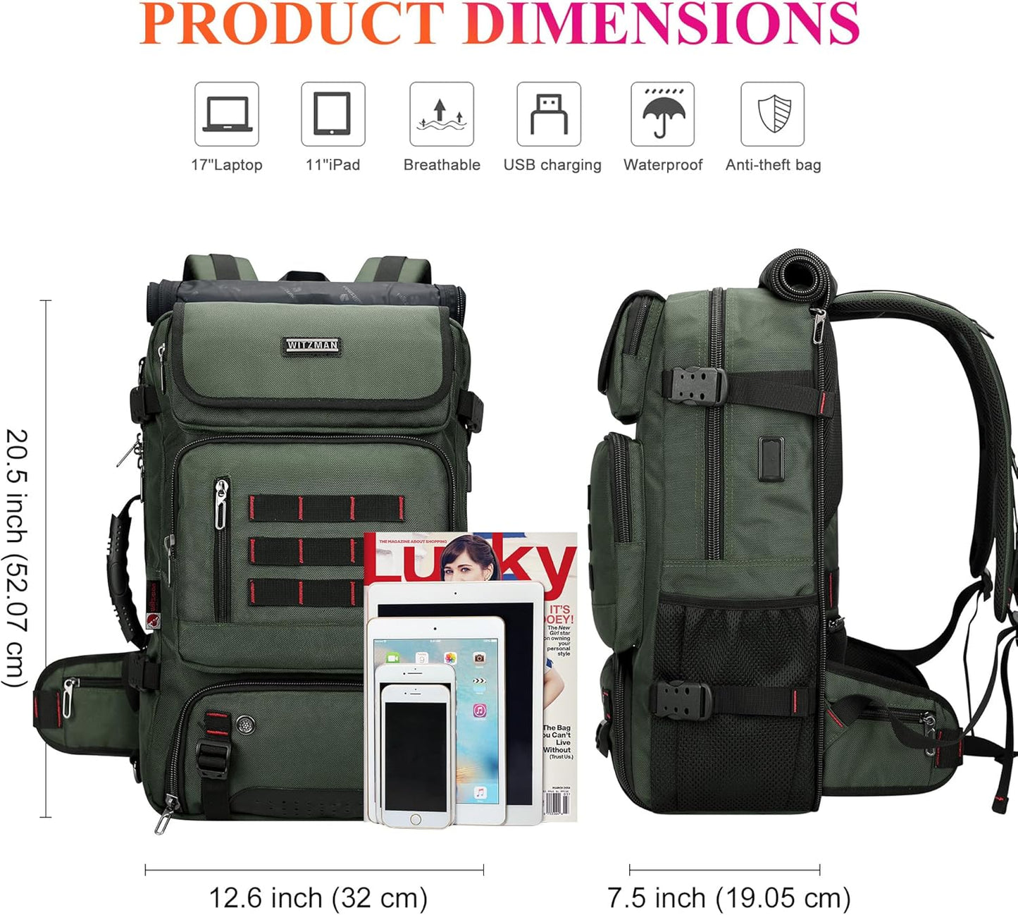 WITZMAN Carry on Travel Backpack for Men Women Airline Approved Convertible Nylon Duffle Backpack Luggage Bag (B682 Army Green)