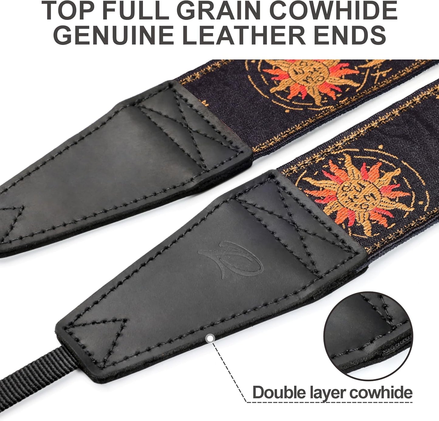 Padwa Lifestyle Helios Moon God Camera Strap -2" Full Grain Leather Ends Camera Straps for Photographers, Vintage Embroidered Cotton Weave Soft Suede Fabric Padded Strap Quick Release fits All Cameras