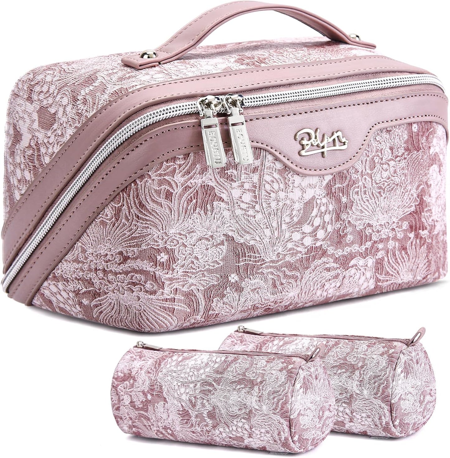 BOYATU Travel Makeup Bag for Women: Large Capacity Make up Bag with Compartments - Vegan Leather Cosmetic Bag set of 3 - Waterproof Toiletry Bag with Handle & Divider(E-1-Purple)