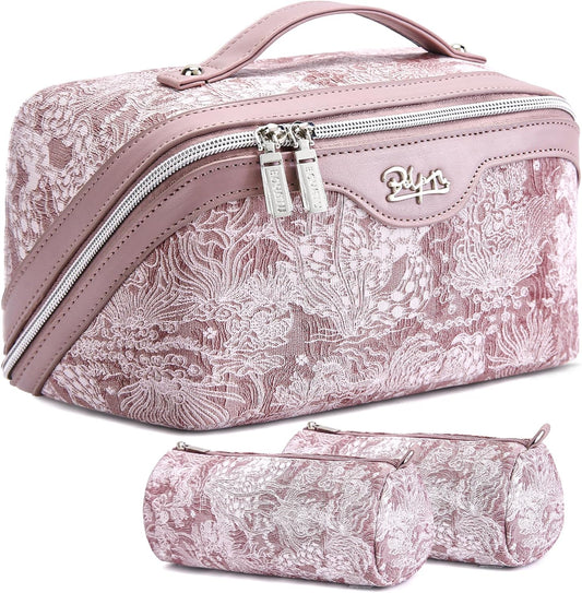 BOYATU Travel Makeup Bag for Women: Large Capacity Make up Bag with Compartments - Vegan Leather Cosmetic Bag set of 3 - Waterproof Toiletry Bag with Handle & Divider(E-1-Purple)