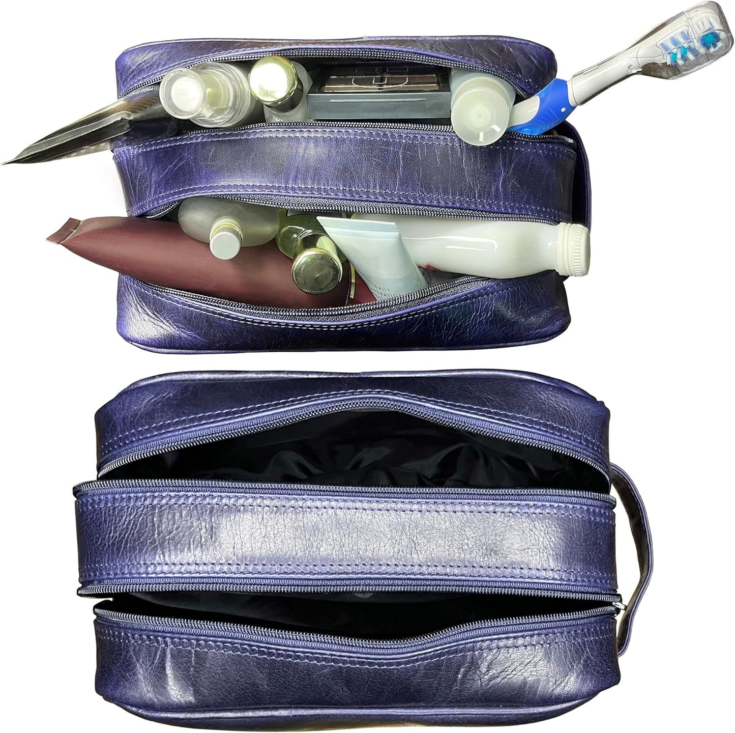 RUSTIC TOWN Leather Toiletry Bag for Men - Travel Shaving Ditty Kit - Bathroom Shower Toiletries Organizer - Leather Cosmetic Bag for Women (Oxford Blue)