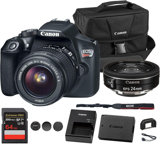 Canon EOS Rebel T6 DSLR Camera with 18-55mm Lens | 18MP APS-C CMOS Sensor, Built-in Wi-Fi & Full HD Video | Great for Travel & Everyday Photography (1159C003) EF-S 24mm f/2.8 STM Lens + More