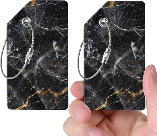 2 Luggage Tags, (1" Smaller Than Traditional) Perfect for Quick Luggage Identification with Stainless Steel Ring and Address Card for Travel and Luggage (Black Marble)