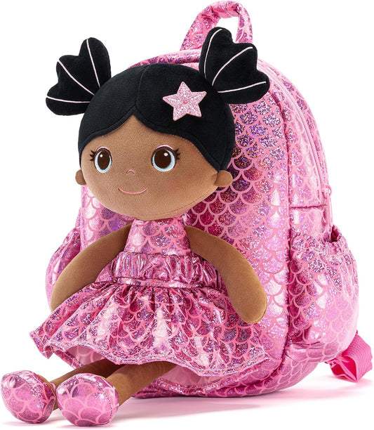 Lazada Toddler Backpack - Baby Girl Gifts Plush Doll Dress Backpack - Fashion Girls Tina Fish Scale Series - Rose Red11 Inches