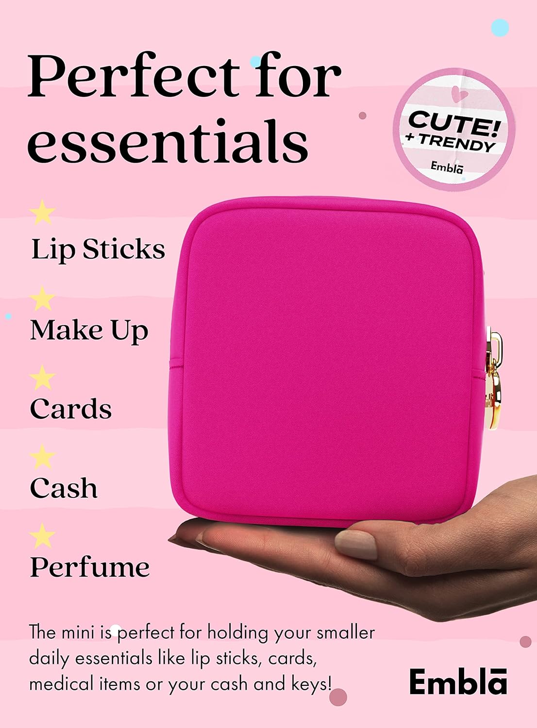 Embla Makeup Bag Travel Cosmetics Pouch and Toiletry Bag, Nylon Zipper Pouch Purse, Cute Make Up Organizer Storage Tote for Women Girls, Waterproof Travel Skincare Case, Small Makeup Bags, Fuchsia