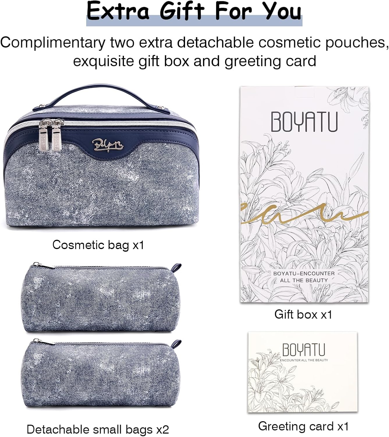 BOYATU Travel Makeup Bag Cosmetic Bags for Women: 3 Sets Large Capacity Make up Bag - Portable Toiletry Bags with Handle for Women(F-4-Dark Blue)