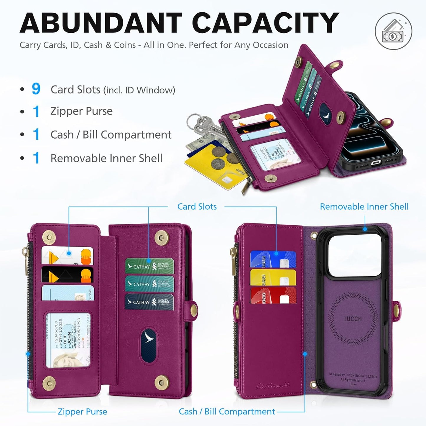 TUCCH Crossbody Detachable Wallet Case for iPhone 17 Pro 6.3" 2025, 9 Card Holders RFID Blocking, Wireless Charging, Stand, Wrist Strap Lanyard, Zipper Pocket, PU Leather Shockproof Cover, Plum Purple