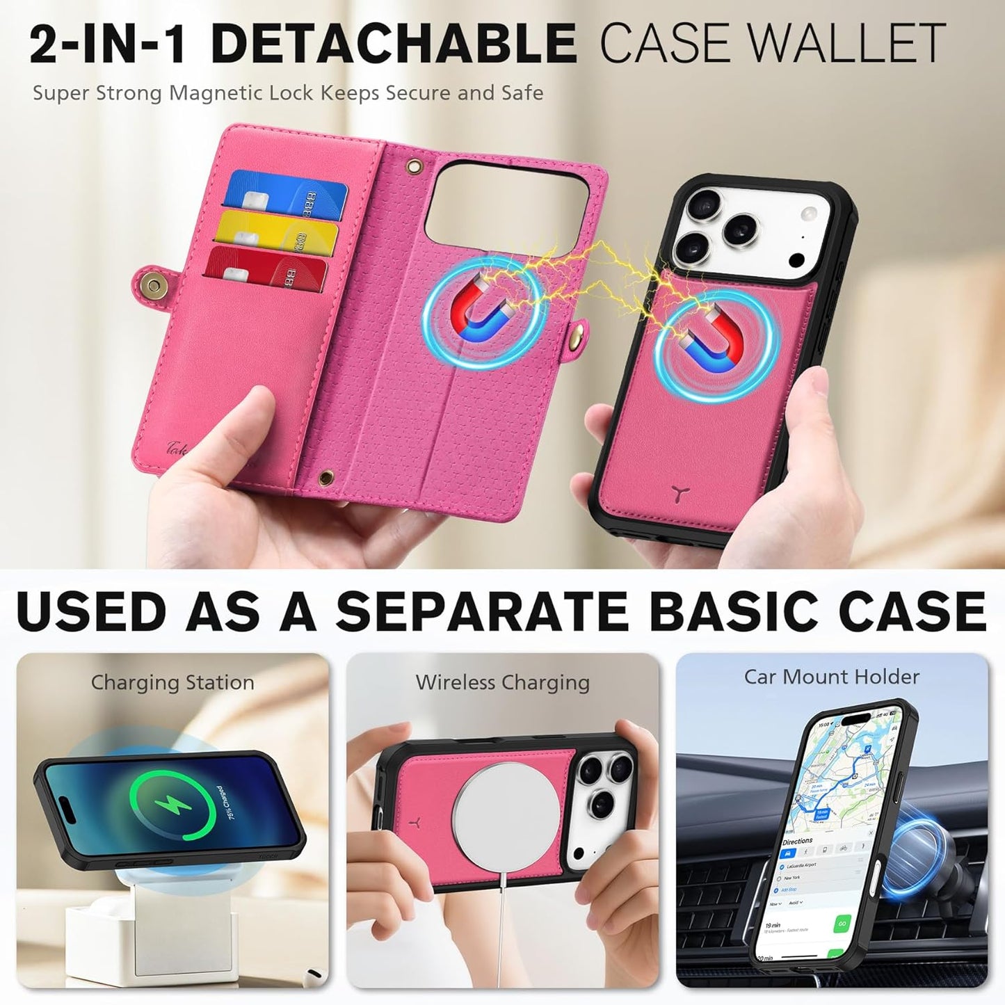 TUCCH Detachable Crossbody Case Wallet for iPhone 17 Pro 6.3", Wireless Charging | RFID Blocking 9 Card Holders | Lanyard | Wrist Strap | Stand | Zipper Pocket | PU Leather | Magnetic Cover | Hot Pink