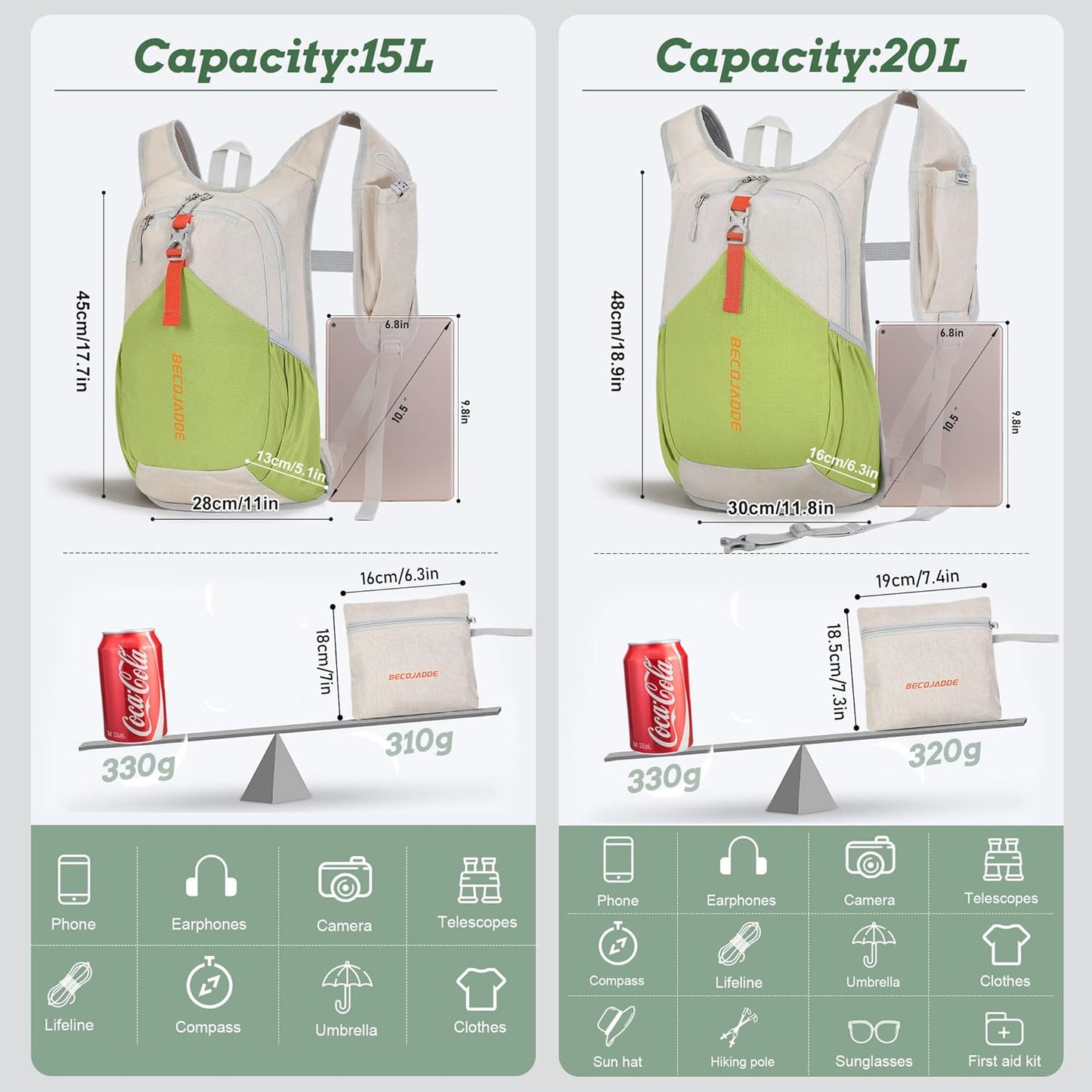 15L Small Hiking Backpack for Men Women Foldable Packable Back Pack Ultralight Hiking Daypack for Travel Camping Outdoor, Beige Green