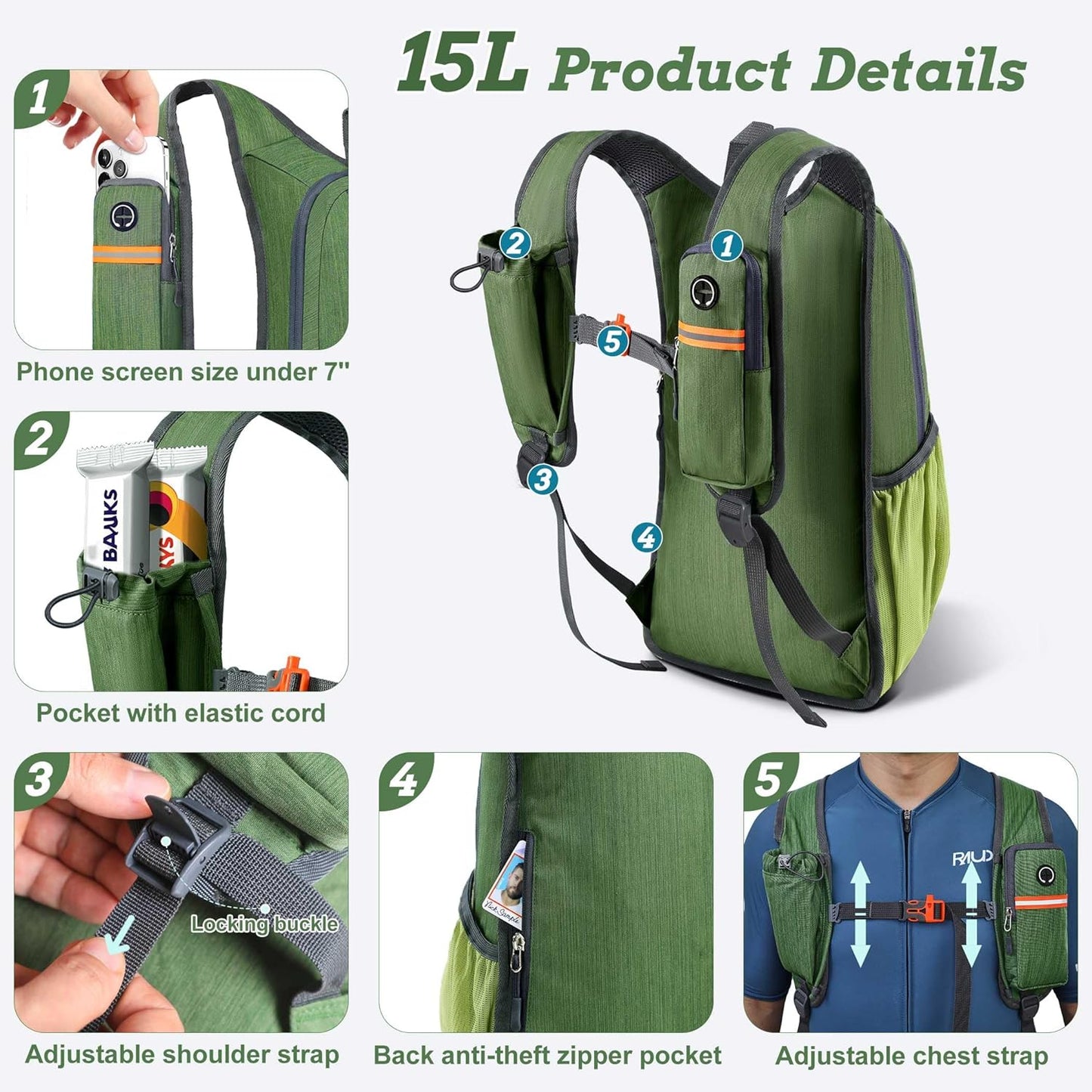 15L Small Hiking Backpack for Men Women Foldable Packable Back Pack Ultralight Hiking Daypack for Travel Camping Outdoor, Olive Green