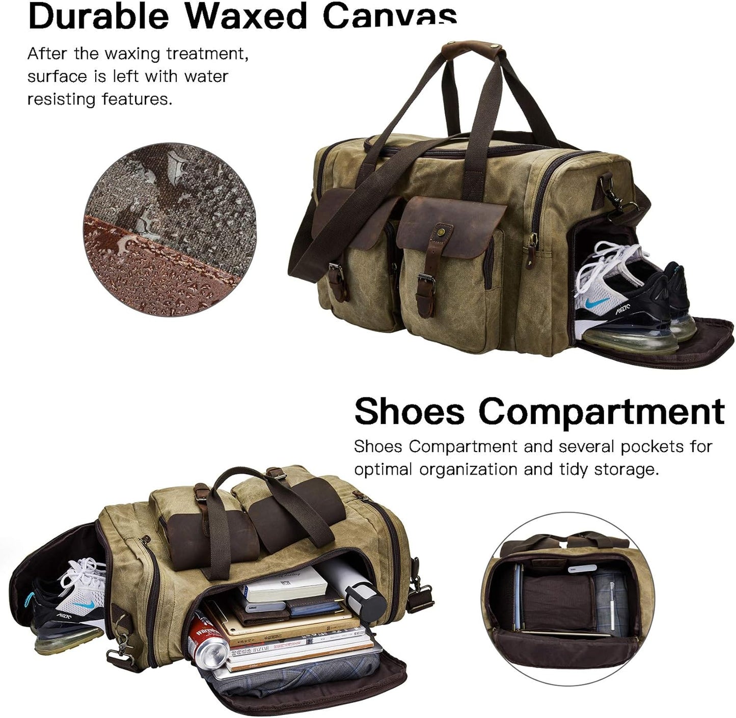 Men's Waxed Canvas Vintage Overnight Duffel Weekend Bag with Shoes Compartment (Khaki)