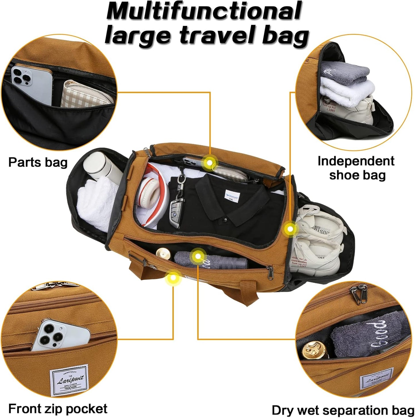 Laripwit Travel Duffle Bag for men 40L Medium Sports Gym Bag with Wet Pocket & Shoes Compartment Weekender Overnight Backpack for Traveling Duffel Bag Backpack for Women, Brown