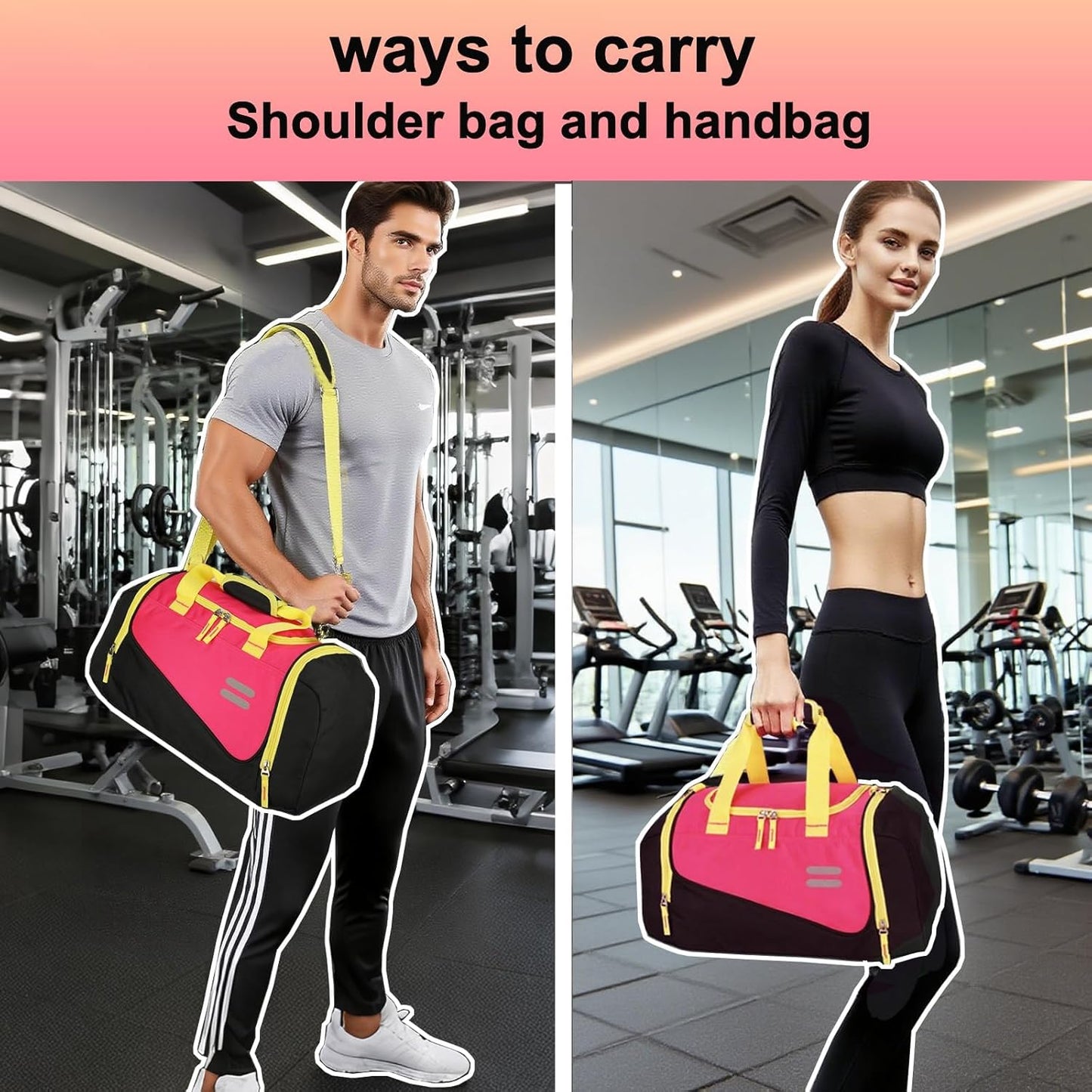 Urbanstand Gym Bag for Men & Women - 40L Duffel Bag with Shoe Compartment, Carry On Weekender Water Resistant Duffle Bag for Travel, Sports, Fitness & Workout, Pink Yellow