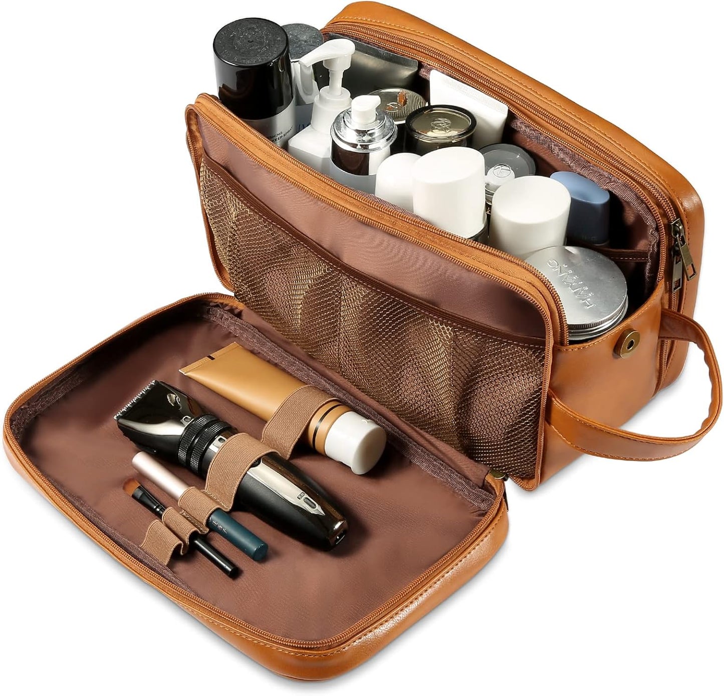 Personalized Leather Travel Toiletry Bag for Men, Large Travel Bathroom Shaving Dopp Kit, Large Cosmetic Bag Waterproof