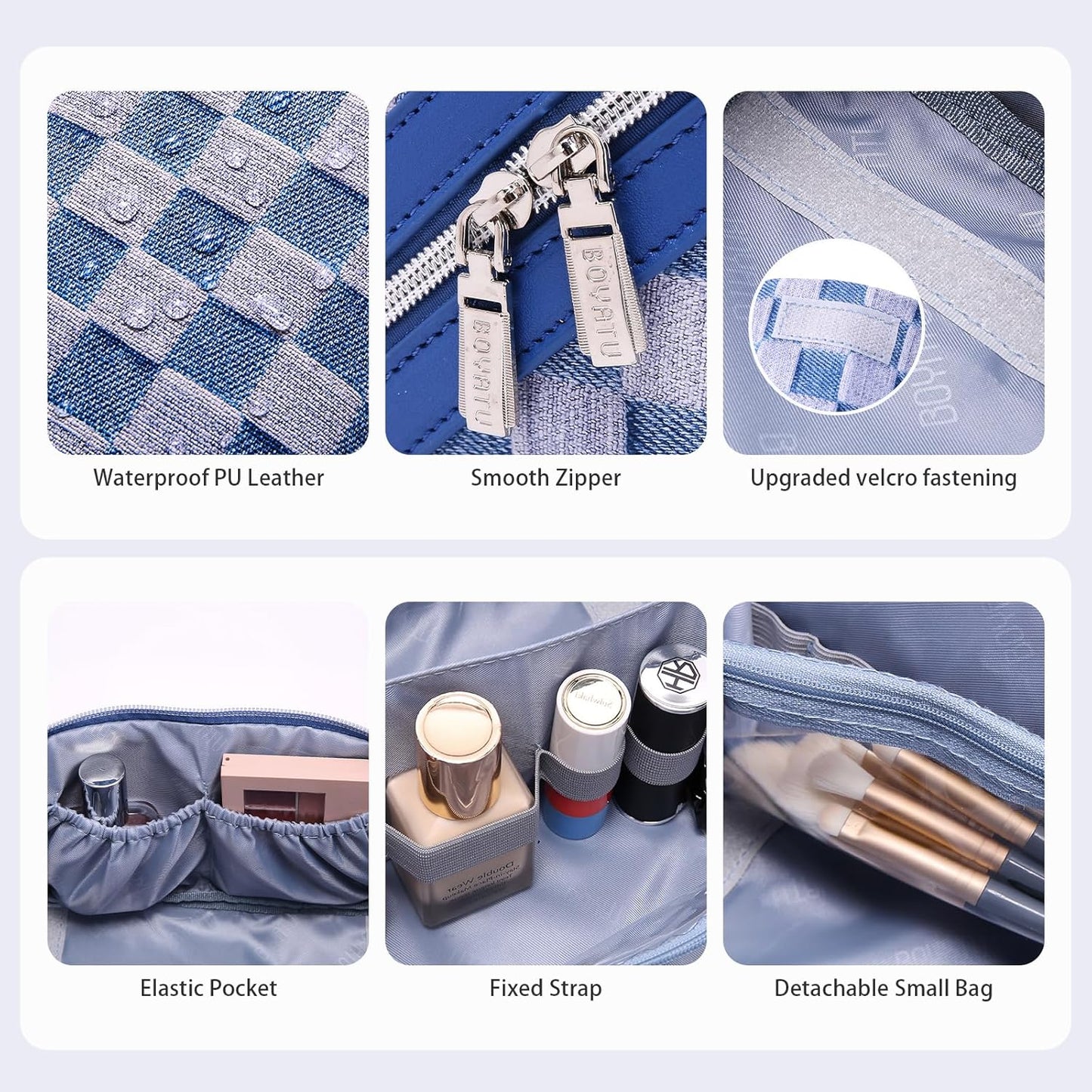 BOYATU Travel Makeup Bag for Women: Large Cosmetic Bag Set of 3 - PU Leather Make up Bag with Compartments - Compact Waterproof Toiletry Bag with Divider & Handle (D-1-Blue)