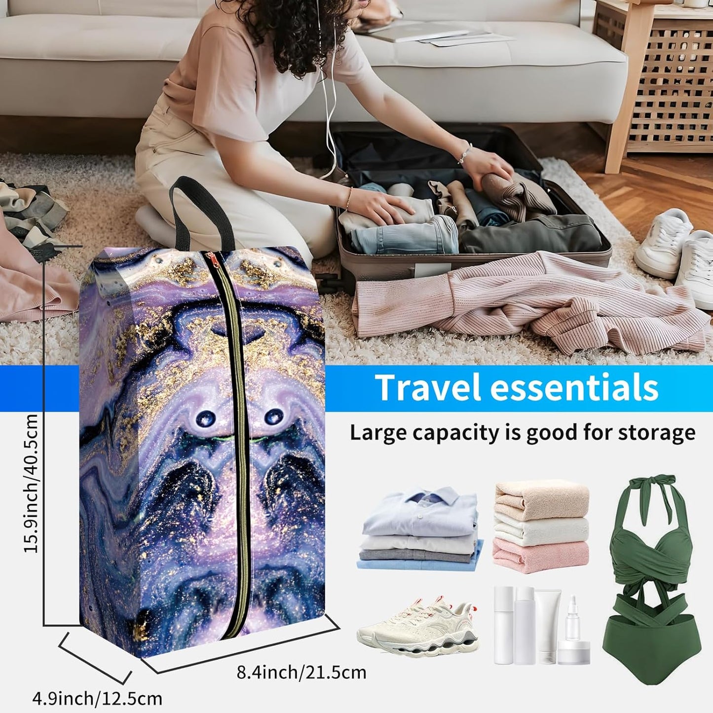2pcs Shoe Organizer for Travel, Packing Shoe Travel Bags, Cute Shoe Bag with Zipper & Handle, Portable Travel Essentials for Women and Men Purple Marble