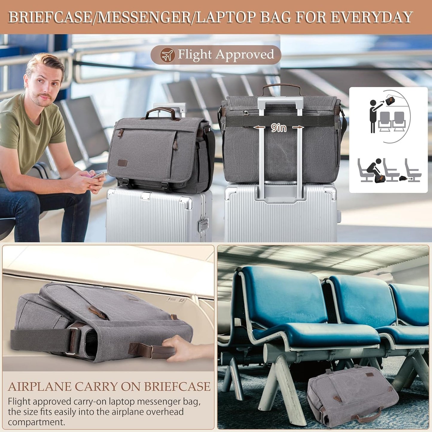 17.3 Inch Messenger Bag for Men: 2PCS Laptop Bag PU Leather Canvas Work Briefcase Large Office