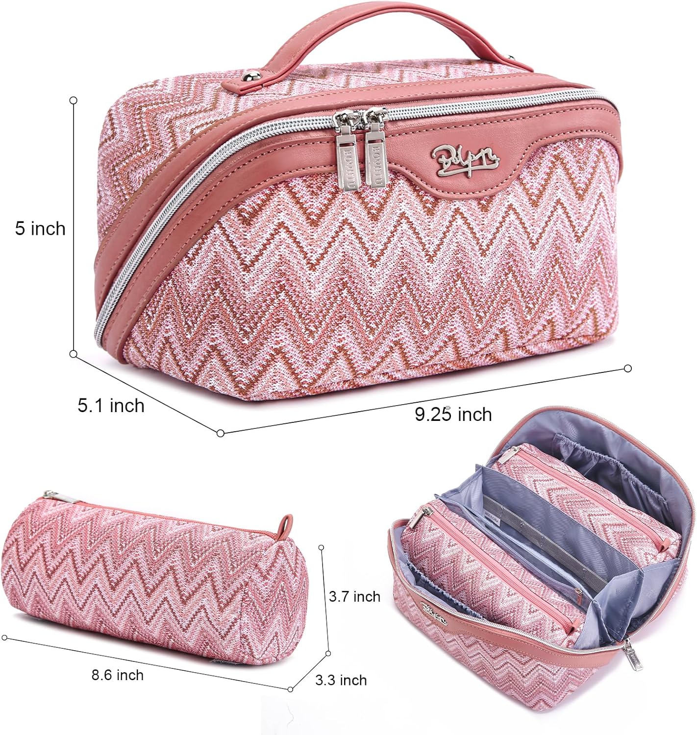 BOYATU Travel Makeup Bag for Women: Western Boho Make up Bag Set of 3 - Large Capacity Vegan Leather Cosmetic Bag - Waterproof Toiletry Bag with Compartments & Handle & Divider(J-5-Red)