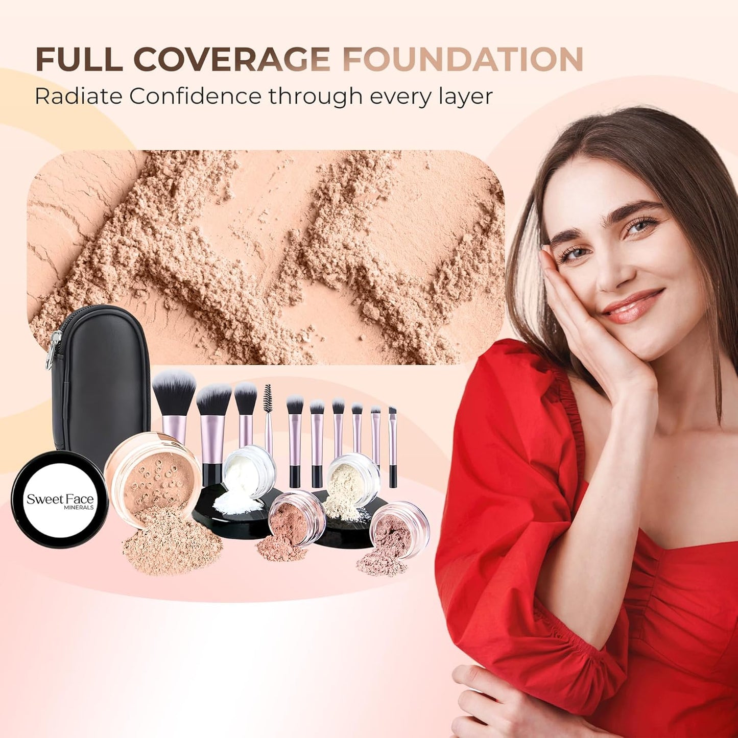 16pc Beginner Mineral Makeup STARTER KIT with 10 BRUSHES(5gm)Sample Size Foundation, Primer, Blush, Bronzer, Setting Powder for Learning, Occasional Use,First Time Users, Travel Size Kit(Pink Bisque)