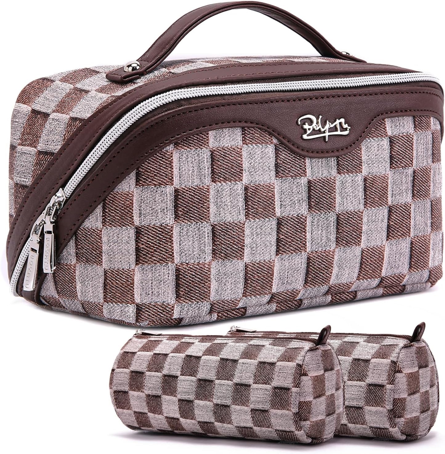 BOYATU Travel Makeup Bag for Women: Large Cosmetic Bag Set of 3 - PU Leather Make up Bag with Compartments - Compact Waterproof Toiletry Bag with Divider & Handle (D-3-Brown)