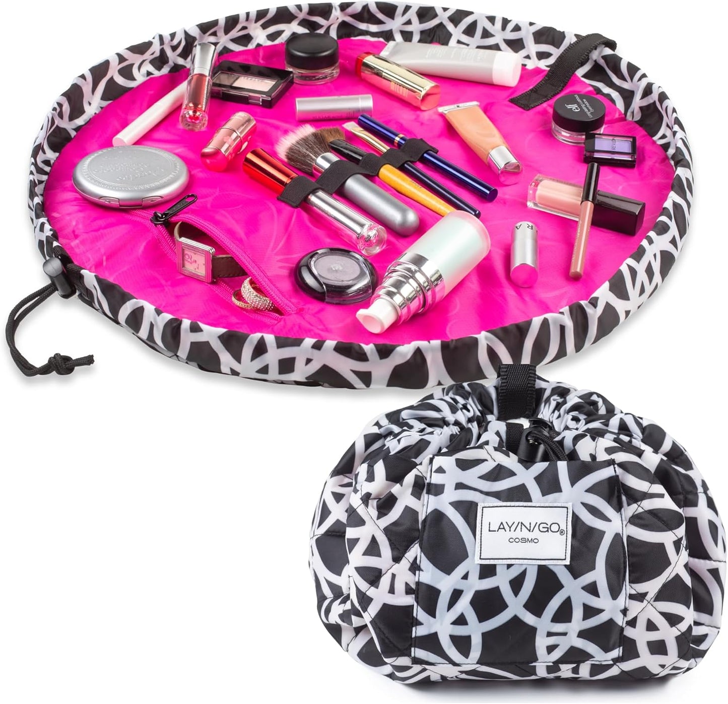 Lay-n-Go Cosmo Layflat Drawstring Cosmetic & Makeup Bag Organizer w/Zipper Pocket, Brush Loops & More, Cinch to Close, Lay Flat to Use, Durable, Machine Wash, Travel Toiletry Bag (20", Black/White)