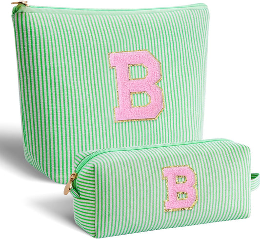 Bridesmaid Gifts Wedding Day - Bridal Shower Gifts,Maid of Honor Gifts,Initials Makeup Bag Set Cosmetic Bag - Green,B