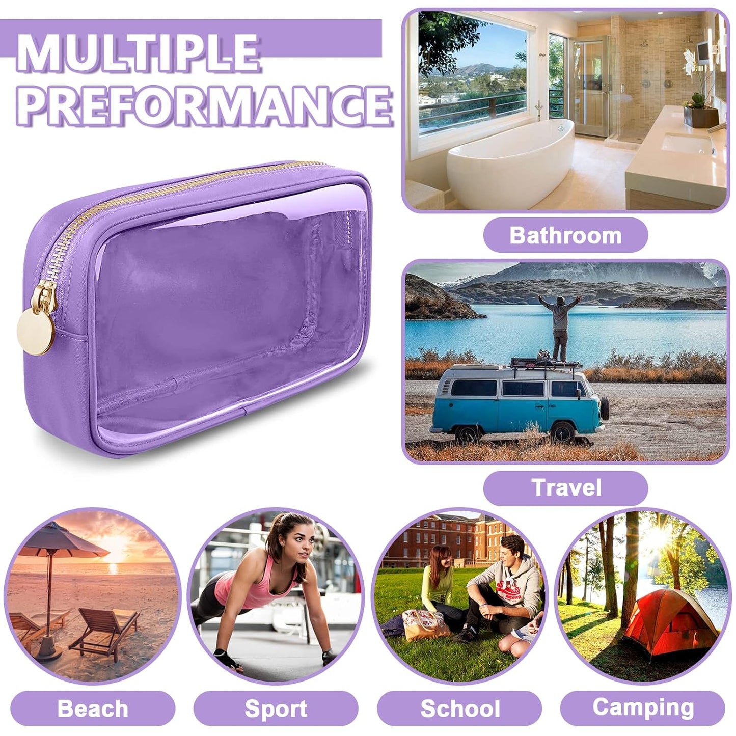 Clear Small Makeup Bag with Zipper, Nylon&PVC Cosmetic Travel Bag Preppy TSA Approved Toiletry Bag for Women Girls, Transparent Waterproof Makeup Pouches Cute Travel Bag for Purse(Small-Purple)