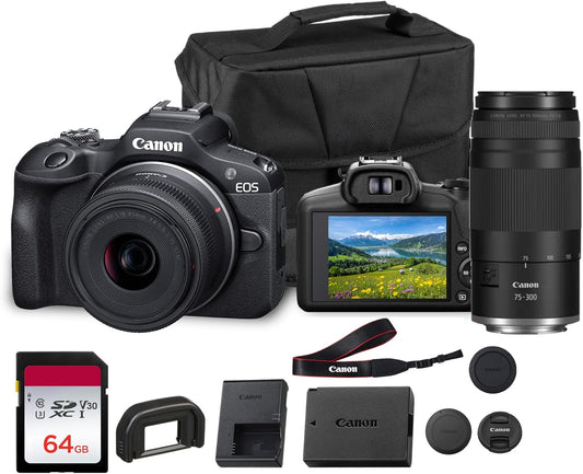 Canon EOS R100 Mirrorless Camera Double Lens Kit with RF-S 18-45mm and RF 75-300mm Lenses | Compact 24.2MP APS-C Camera with 4K Video, Dual Pixel Autofocus with Bag and 64GB Card