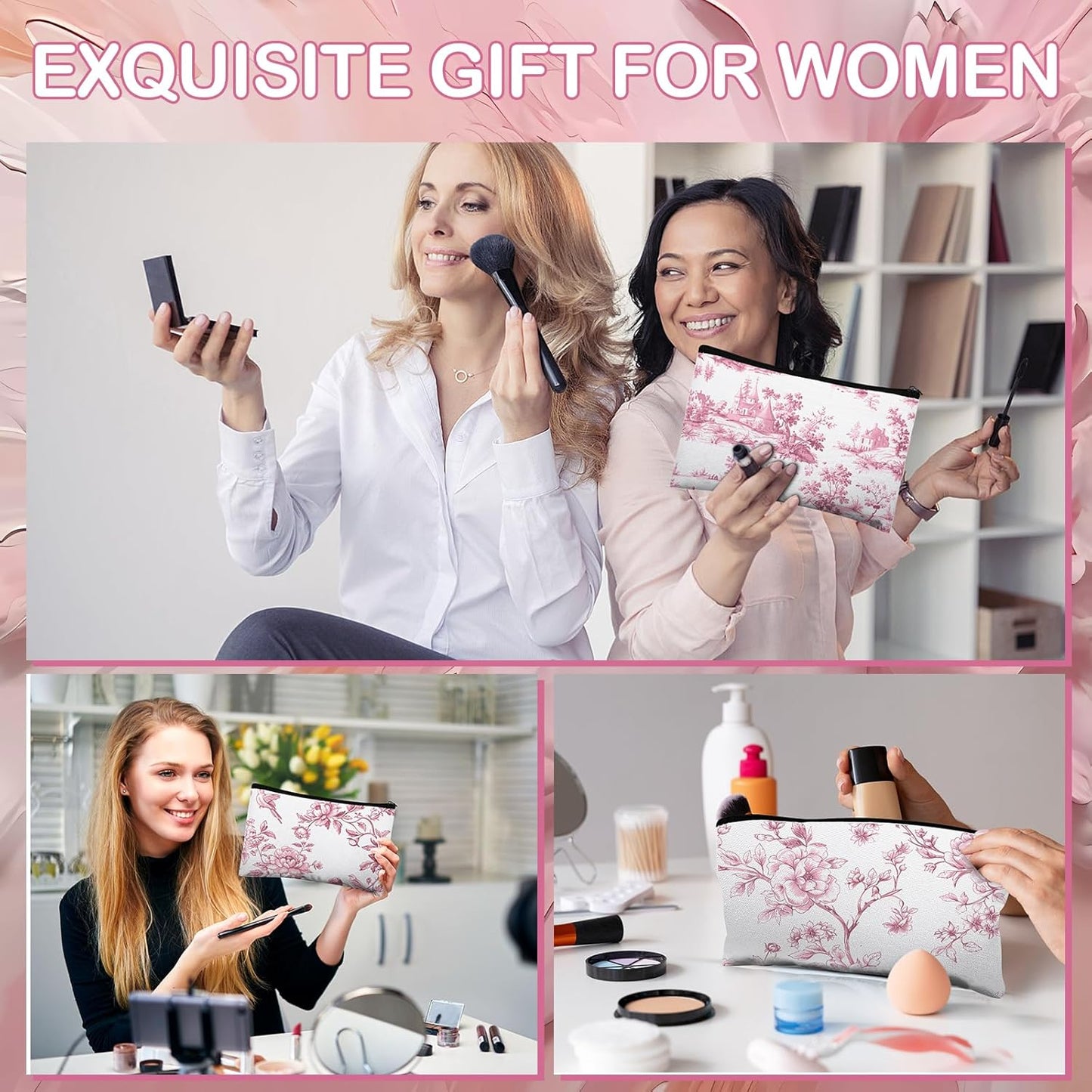 16 Pcs Floral Cosmetic Bags Bulk for Women Pink and White Floral Makeup Bags Chinoiserie Canvas Travel Zipper Pouches Aesthetic Toiletry Bag for Girls Bridesmaids Wedding Supplies