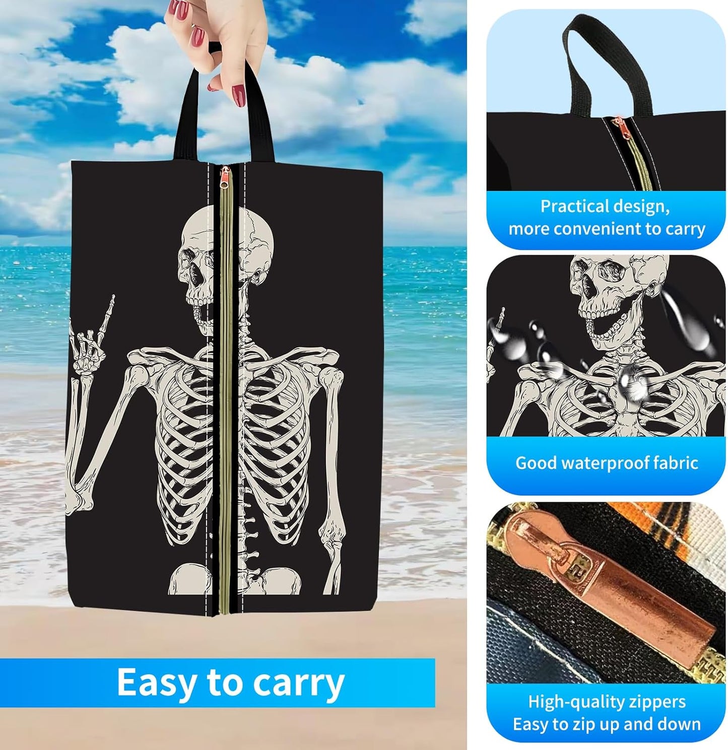 2pcs Shoe Organizer for Travel, Packing Shoe Travel Bags, Cute Shoe Bag with Zipper & Handle, Portable Travel Essentials for Women and Men Skull Human Skeleton