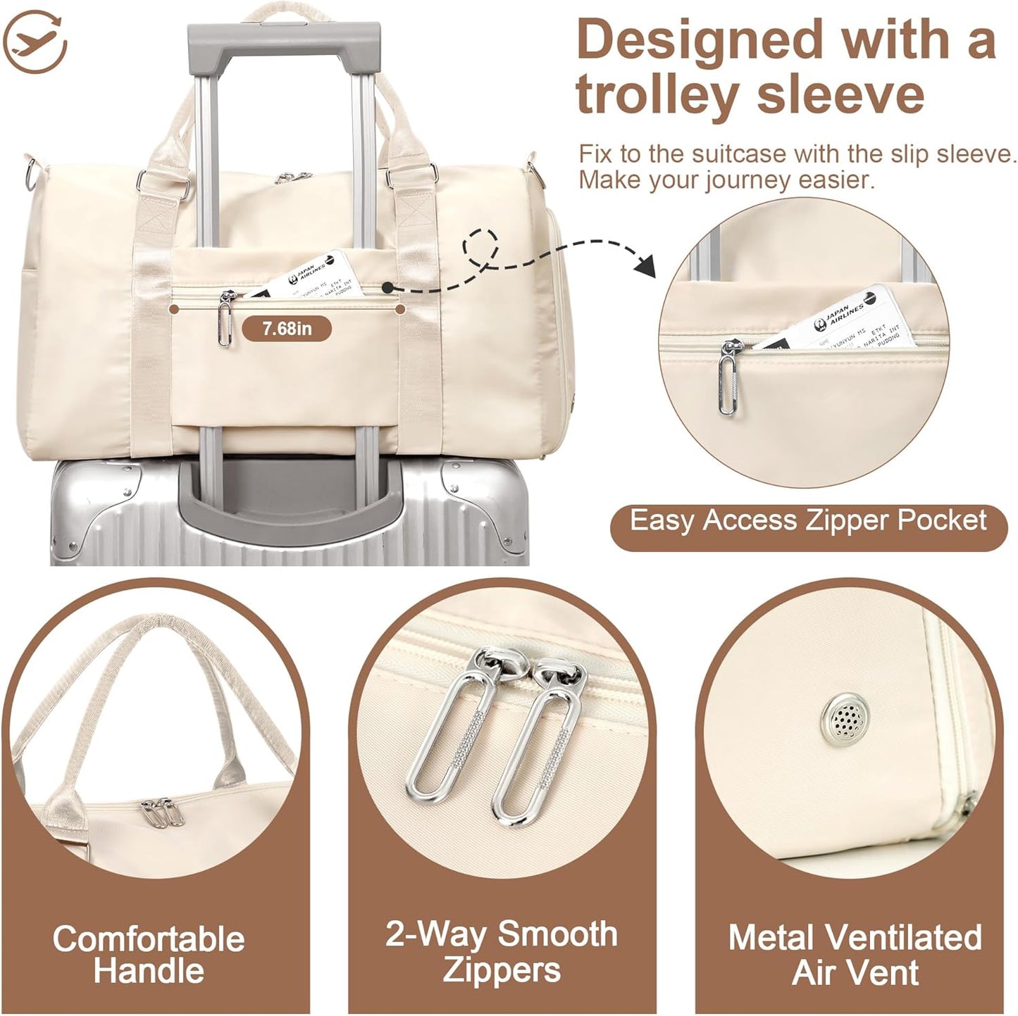 FIORETTO Womens Gym Tote Duffle Bag with Wet Pocket & Shoe Compartment, Sports Duffel Overnight Weekender Hospital Workout Carry on Bag for Girls, Ideal for Travel, Swimming, Dance, Ballet Beige