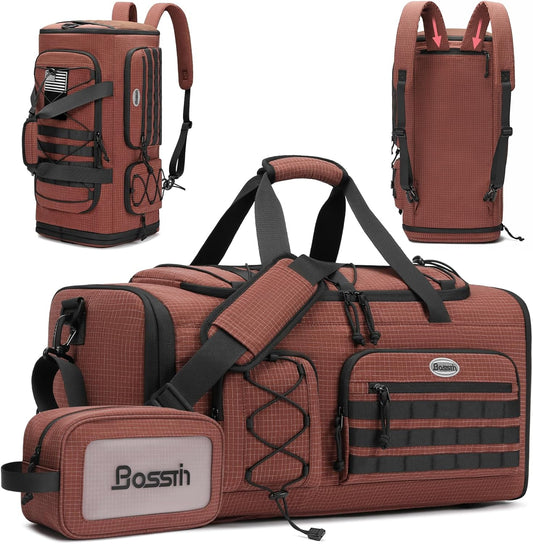 Bosstin Gym Bag for Men & Women,45L Travel Duffle Sports Duffel Bag Gym Weekender Overnight Backpack with Shoe Compartment (COFFEE CHECKERED)