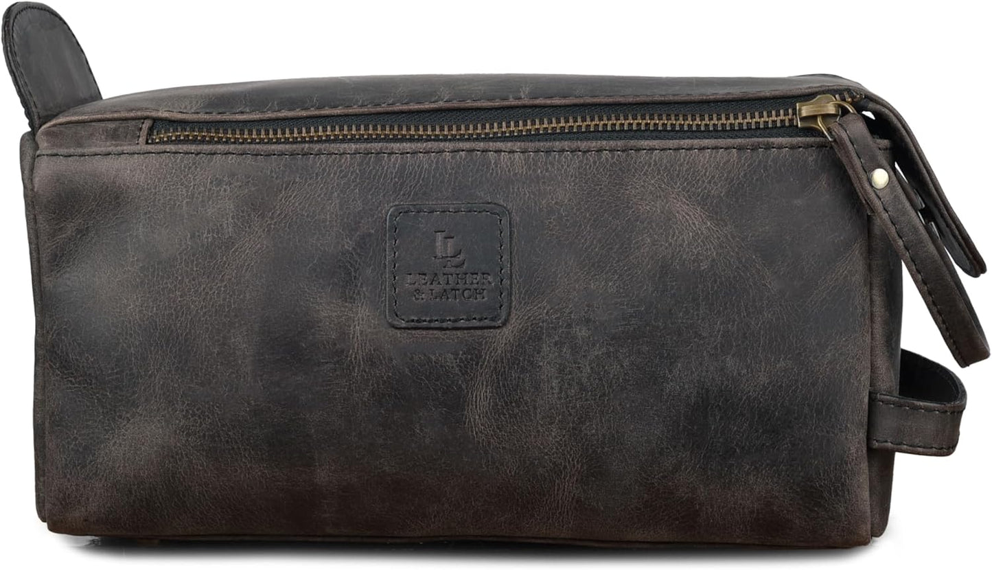 Leather Travel Toiletry Bag for Men & Women – Genuine Leather Dopp Kit, Shaving Organizer, Waterproof Lining, Spacious Toiletry Organizer Gift for Unisex- Chalkboard Grey