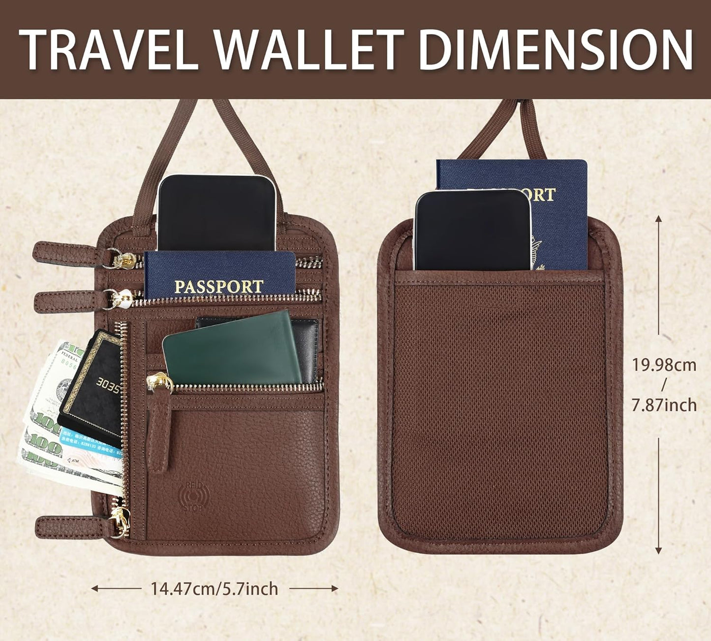 Neck Wallet,Rfid Blocking Passport Holder,Leather Passport Holder For Travel,Neck Wallet For Traveling Women,Travel Pouches Under Clothes(Brown)