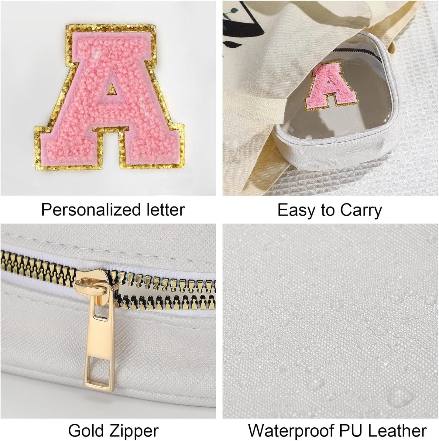 YOOLIFE Initial Make Up Bag Travel Toiletry Bag, Clear Makeup Bag Preppy Cosmetic Bags Organizer Travel Essentials Gifts for Women Teen Girlfriend Teacher Mom Birthday Mothers Day Gifts White K