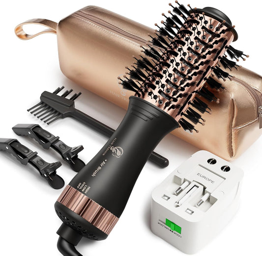 110-240V Travel Brush Hair Dryer, Small Hair Straightener Brush with European Plug Adapter for International Travel, 4 in 1 Hot Air Styler & Dryer for Drying Straightening Curling Volumizing