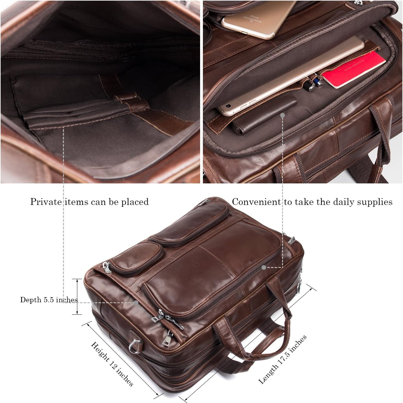Augus Business Travel Briefcase Genuine Leather Duffel Bags for Men Laptop Bag fits 15.6 inches Laptop