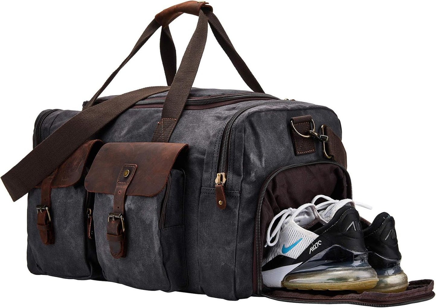 Waxed Canvas Vintage Overnight Duffel Weekend Travel Bag Waterproof For Men Women with Shoes Compartment (Grey)