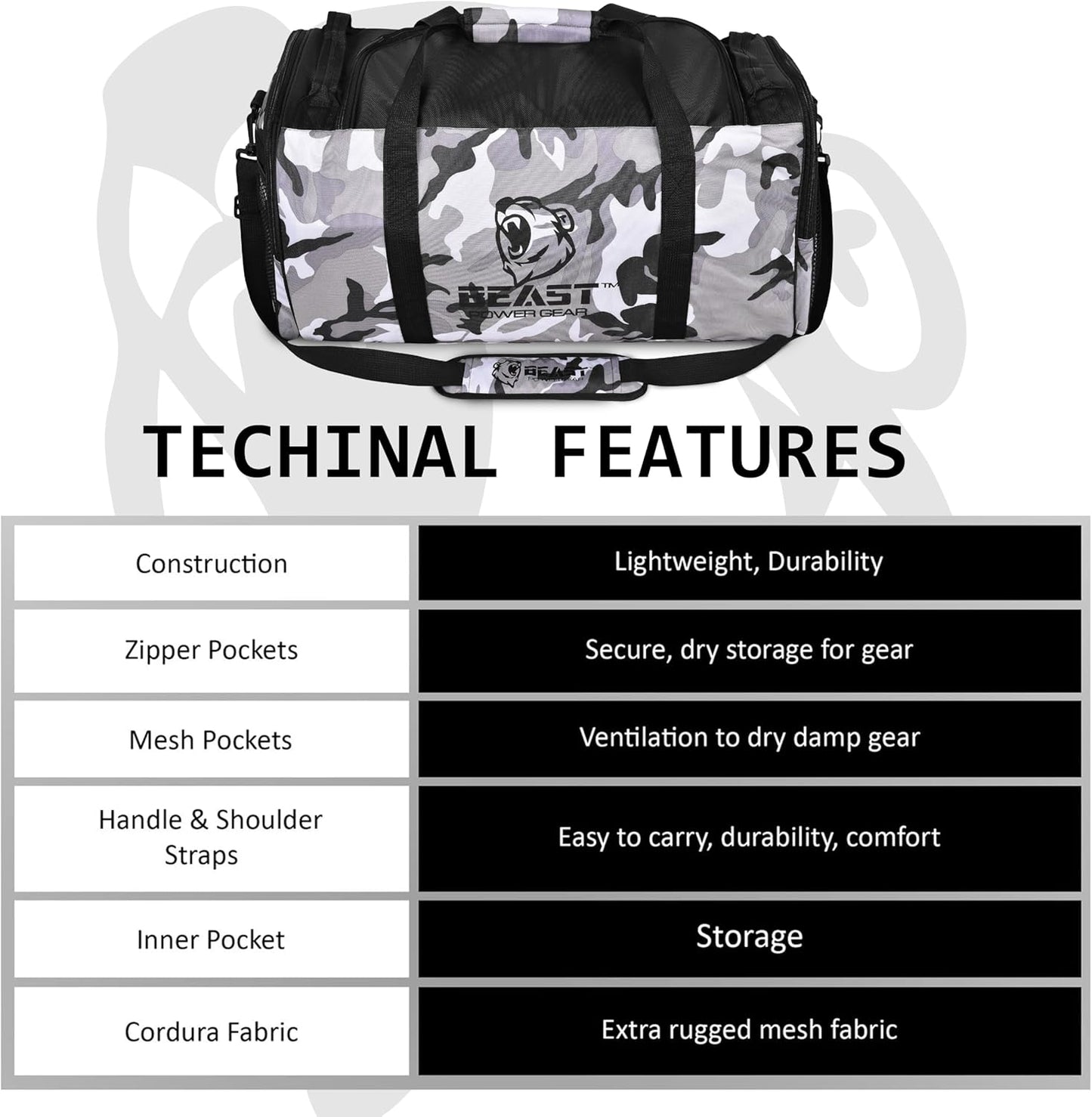 Unisex Duffel Bag Gray Camo, Extra Roomy Waterproof Gym Bag For Women with Shoe Compartment, Sports Bag with Zippered Pockets, Adjustable Strap