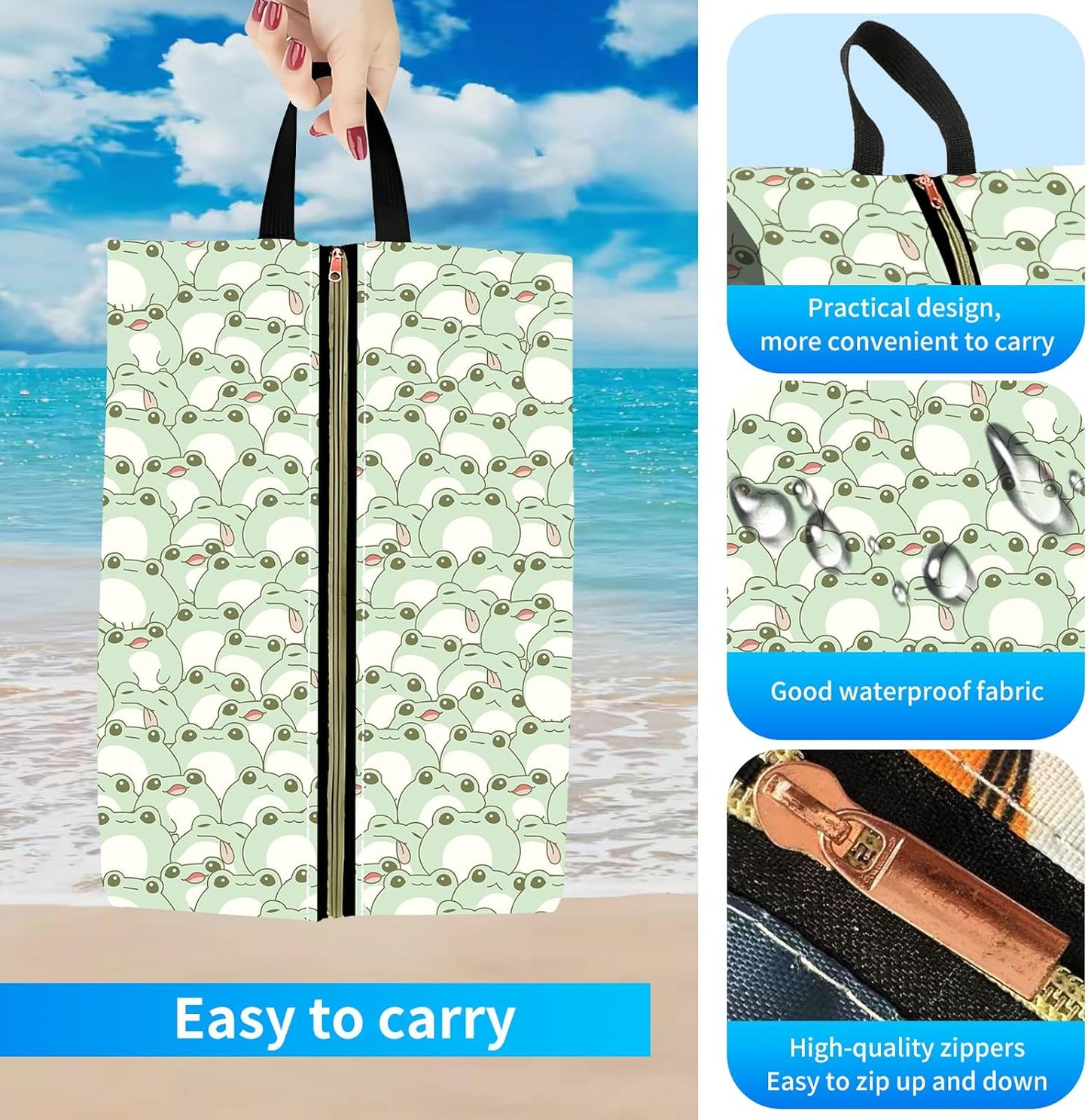 2pcs Shoe Organizer for Travel, Packing Shoe Travel Bags, Cute Shoe Bag with Zipper & Handle, Portable Travel Essentials for Women and Men Green Frogs
