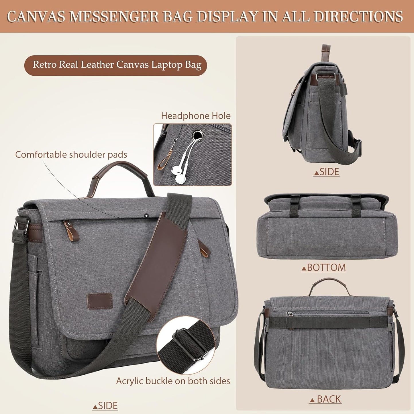 17.3 Inch Messenger Bag for Men: 2PCS Laptop Bag PU Leather Canvas Work Briefcase Large Office