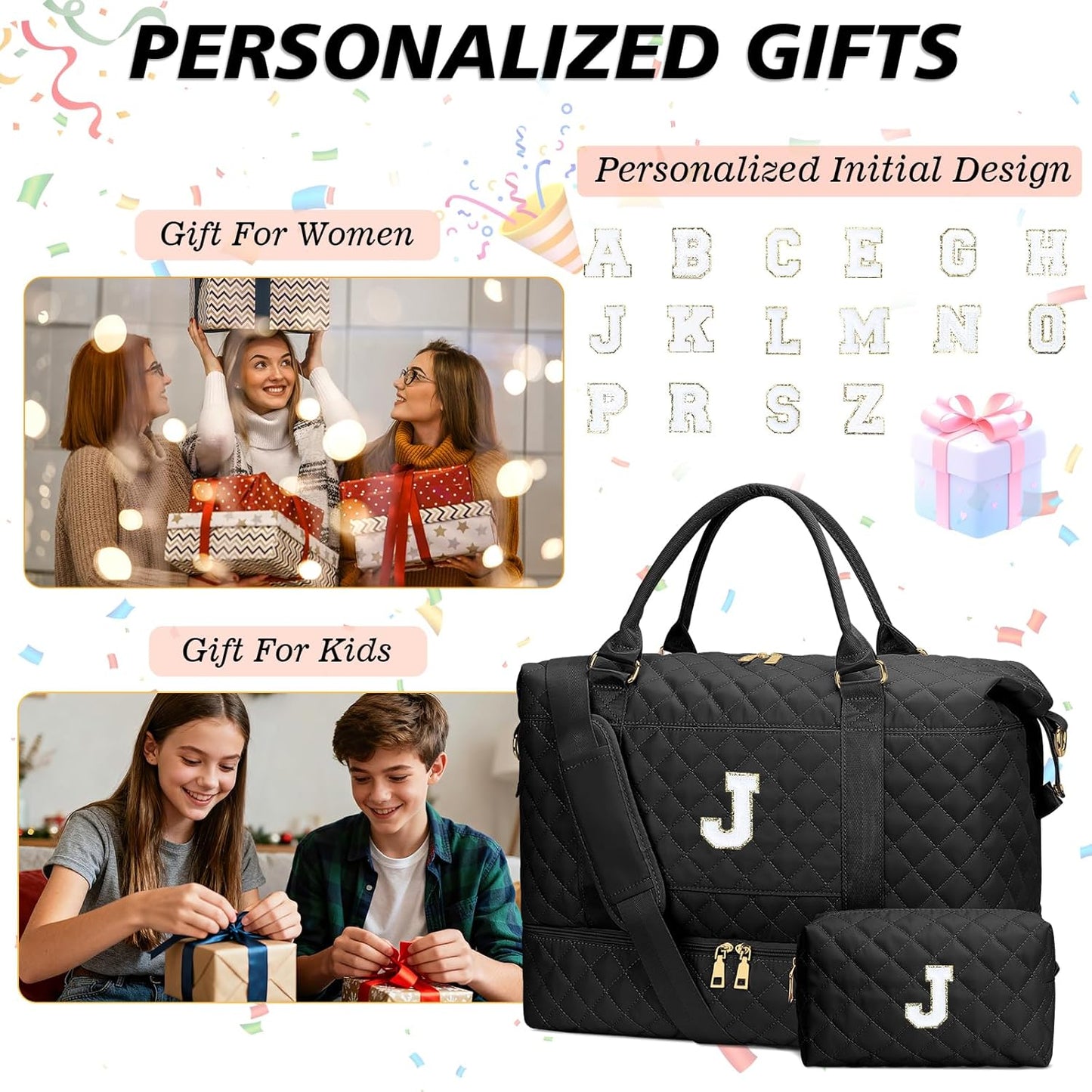 Gifts for Women Girls Initial Travel Duffle Bag Quilted Weekender Carry-On Overnight with Cosmetic Bag, Gym Bag with Shoe Compartment Hospital Bag for Labor Delivery, Black J