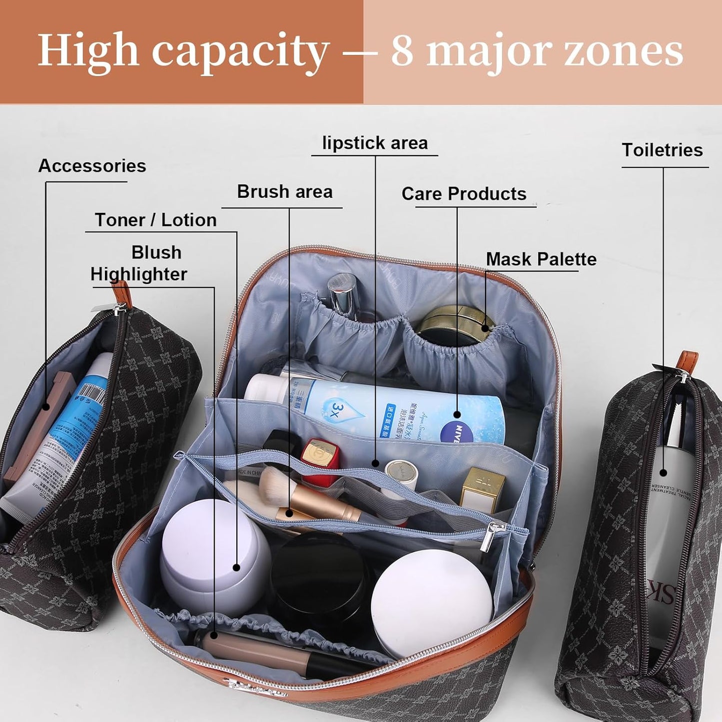 BOYATU Travel Makeup Bag Cosmetic Bags for Women: 3 Pcs Set Large Portable Make up Bag with Handle - Vegan Leather Toiletry Bags with Compartments - Makeup Organizer for Travel Essentials(A-4-Black)