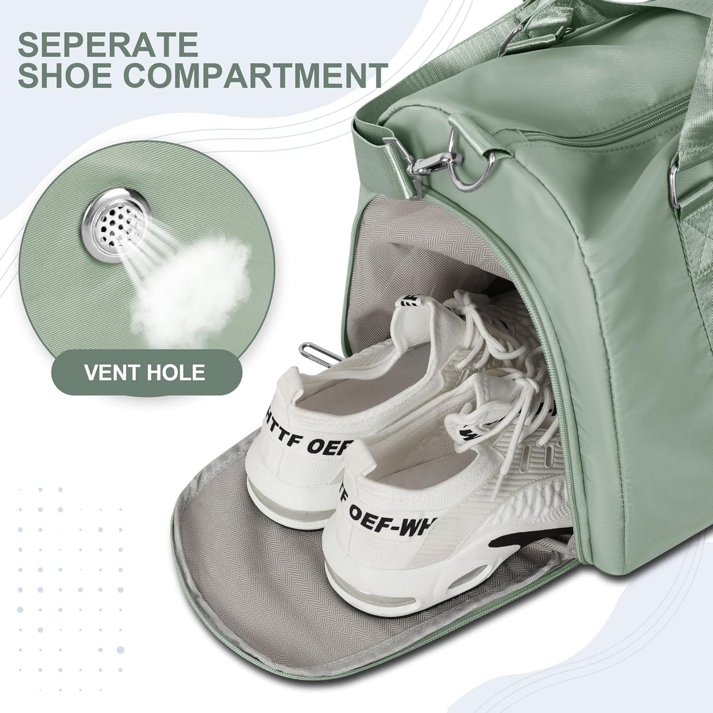 FIORETTO Womens Gym Tote Duffle Bag with Wet Pocket & Shoe Compartment, Sports Duffel Overnight Weekender Hospital Workout Carry on Bag for Girls, Ideal for Travel, Swimming, Dance, Ballet Celadon